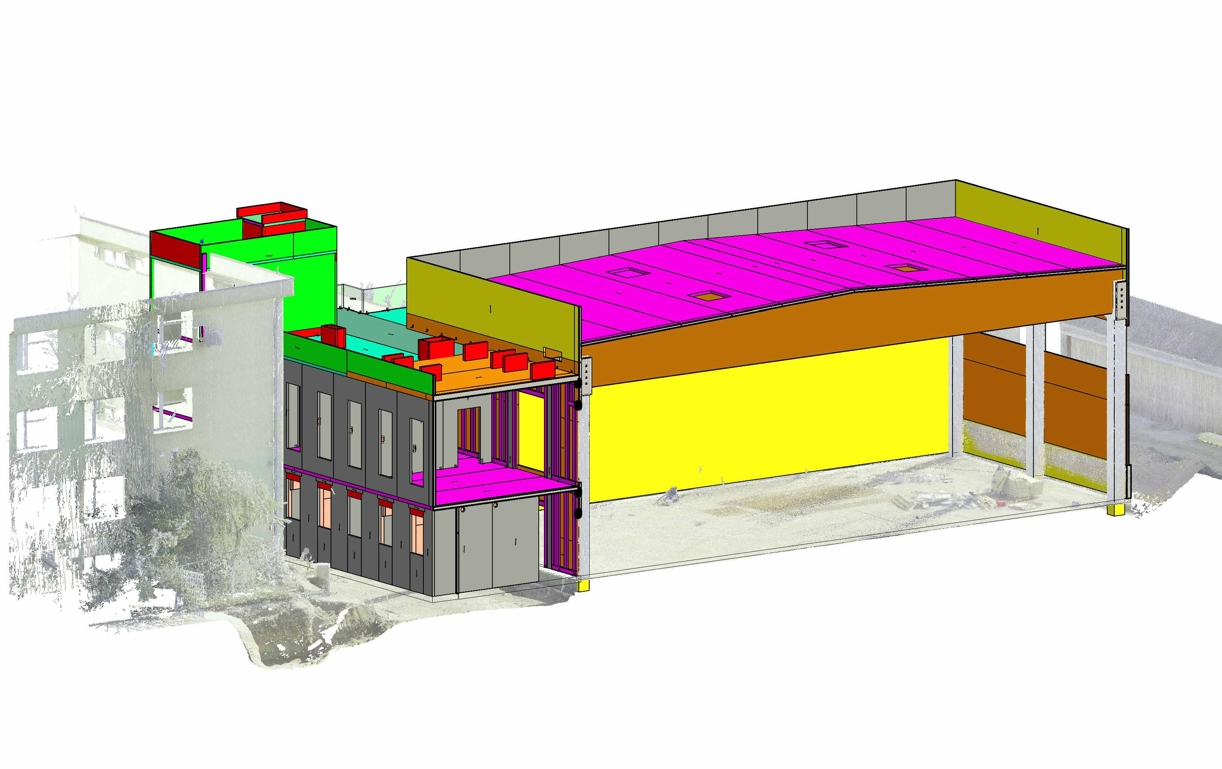 BIM model novogradnje v kombinaciji s 3D posnetkom obstoječega objekta